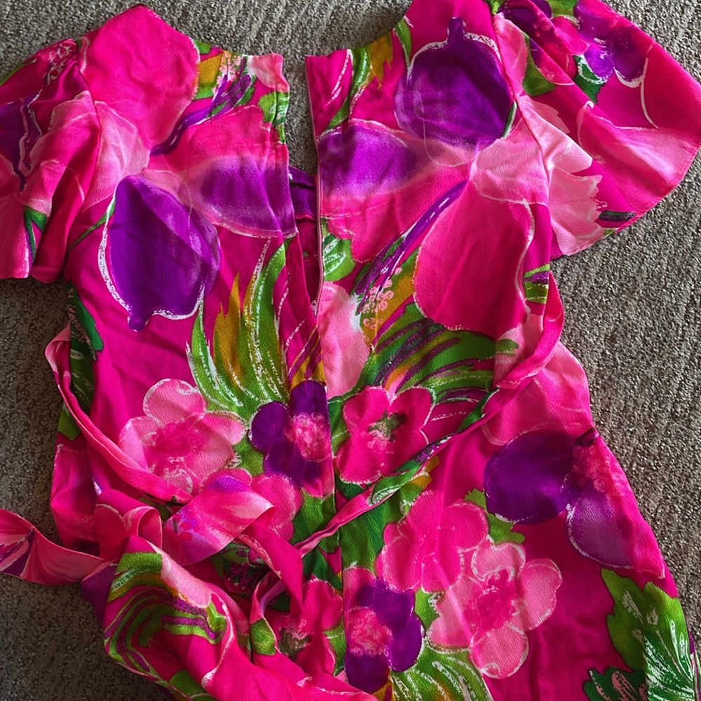Vtg 60's Pink Magenta Floral Barkcloth Empire Waist Muumuu Dress Tie Back - XS - Picture 9 of 9